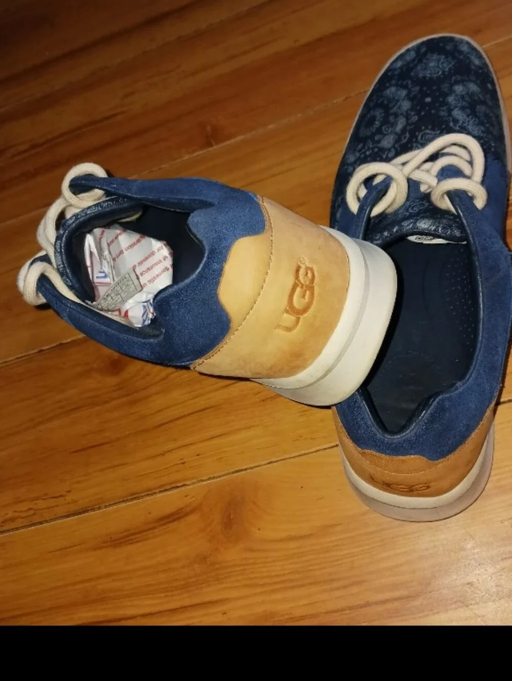 UGG Men's Navy Blue Suede & Patterned Canvas Sneakers with Tan Heel